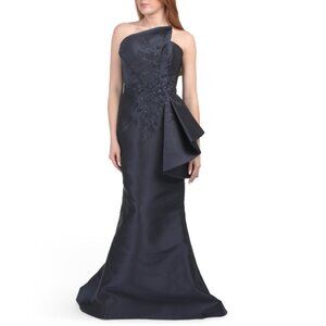 TERANI Navy Strapless Floral Embroidered Applique Gown